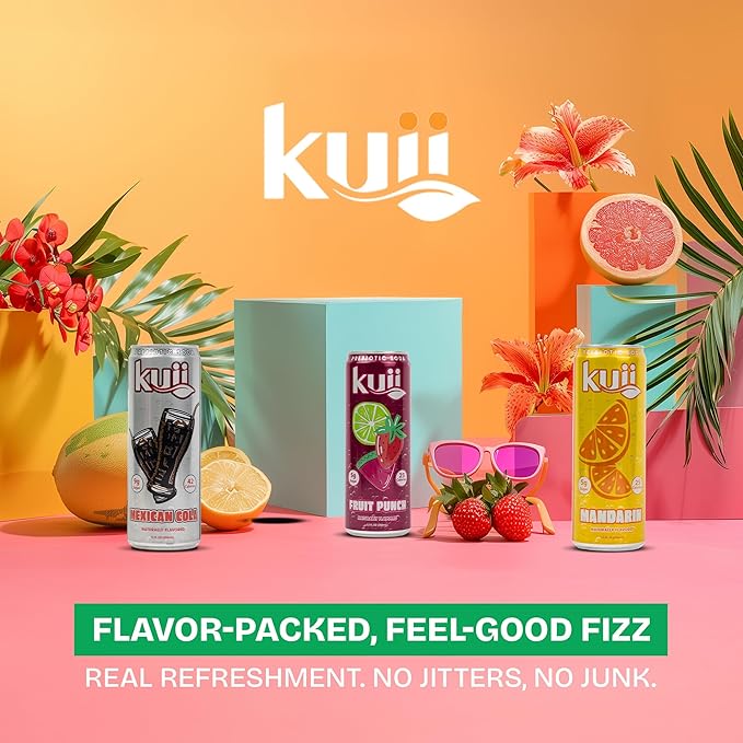 Kuii Prebiotic Soda Variety Pack – 12 Count with Mexican Cola Mandarin &amp Fruit Punch Flavors – Sparkling Gut-Friendly Drinks for Refreshing Guilt-Free Hydration 12 fl oz Cans
