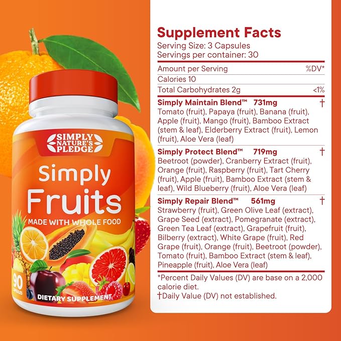 Simply Nature's Pledge - 90 Fruit Capsules - Made with Whole Food Superfoods Packed with 25 Different Fruits - 100% Soy Free 90 Count (Pack of 3)
