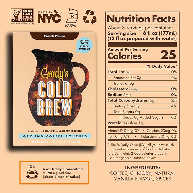 GRADY’S COLD BREW French Vanilla 100% Arabica Ground Coffee &amp Chicory Pouches ONE Box with 4 Easy-to-Brew Bean Bags Makes 12 drinks