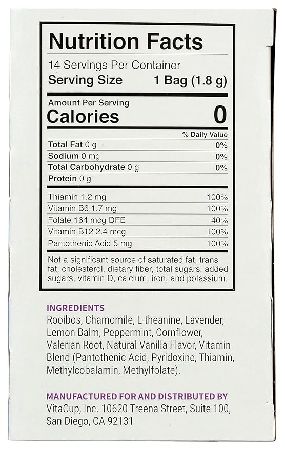 DeStress Herbal Tea Bags by VitaCup Relax &amp Chill w/Chamomile L-Theanine Valerian Root &amp B Vitamins Caffeine Free Single Serve Wellness Tea Sachet Bag 14 ct