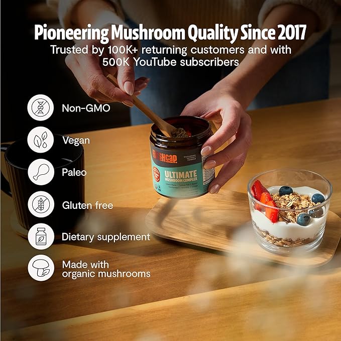 FreshCap Mushrooms Ultimate Mushroom Supplement Powder 12000mg - Nootropic Organic Mushroom Complex for Focus &amp Memory Brain Support Supplement Ayurveda Mushroom Powder Extract (60 Servings)