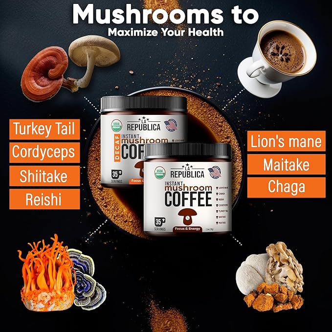 La Republica Organic Instant Mushroom Coffee (2.5oz) + Decaf (2.5oz) - 70 Servings with Coasters &amp Mixing Spoon - 100% Arabica with Lion's Mane Reishi Chaga Cordyceps Shiitake Maitake Turkey