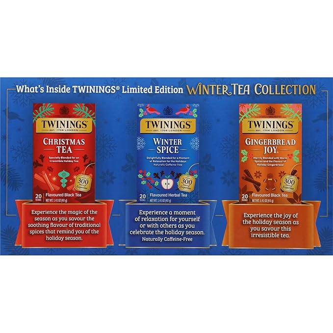 Twinings Winter Tea Collection Limited Edition Holiday Gift Box 20 Count (Pack of 3) Includes Christmas Tea Winter Spice and Gingerbread Joy Enjoy Hot or Iced 60 Teabags