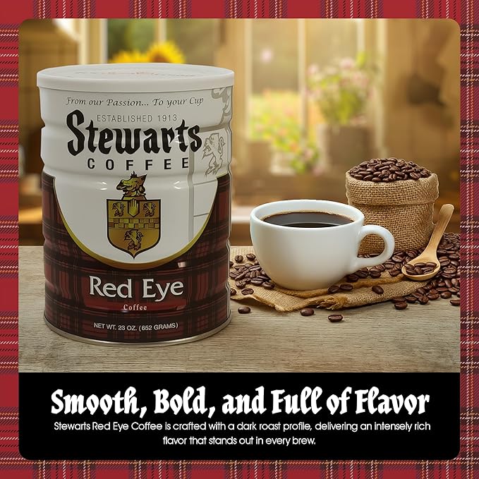 Stewarts - Red Eye Ground Coffee - Dark Roast - Vacuum Sealed Bags - Bold &amp Rich Dark Roast Ground Coffee - Ideal for Morning Energy &amp All-Day Enjoyment - Freshly Packed Flavor (23oz Pack of