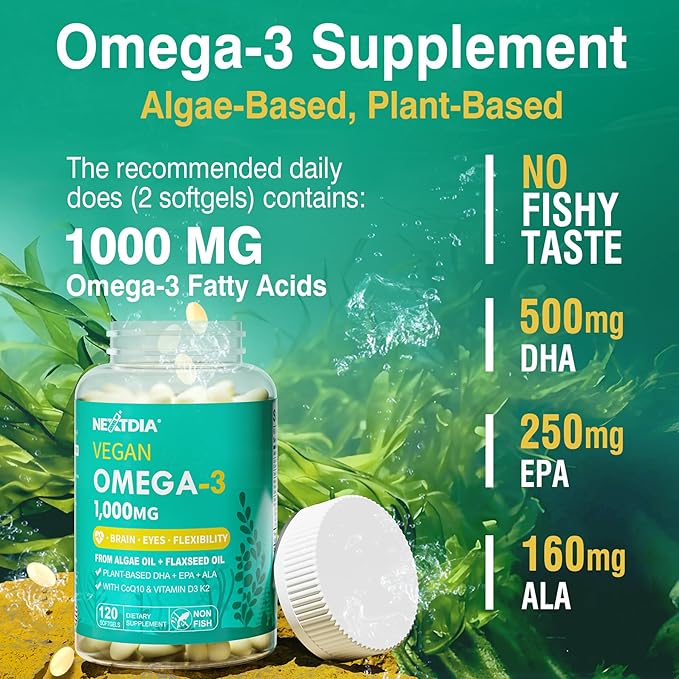 Hydrolyzed Collagen Peptides Pills + Vegan Omega 3 Supplement with Vitamin D3 K2