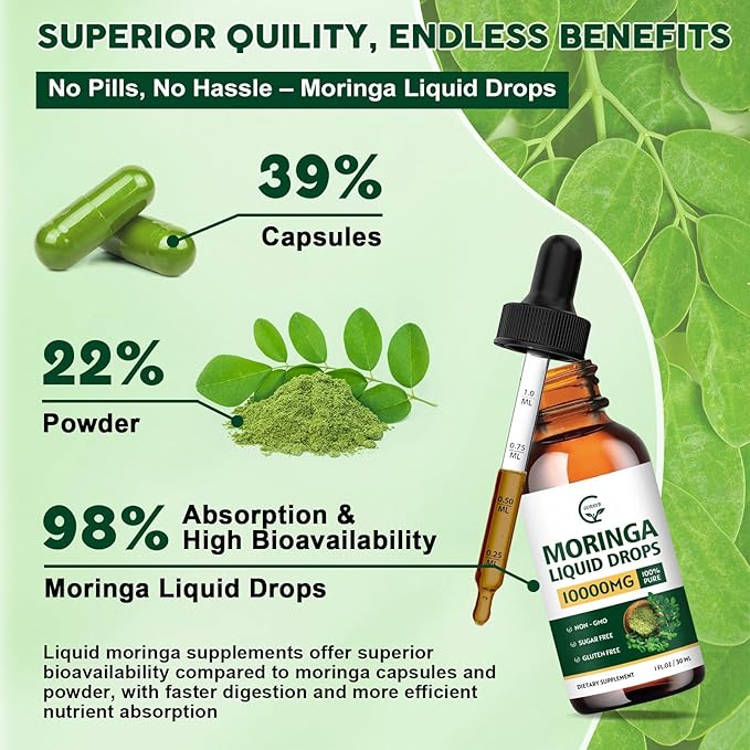 (2 Pack) Organic Moringa Liquid Drops Moringa Supplement with Turmeric Black Pepper Grape Seed Extract Pure Moringa Oleifera Leaf Extract for Skin Gut Immune Support More Potency Than Powder