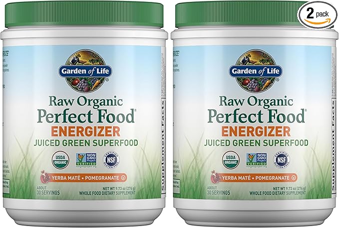 Garden of Life Raw Organic Perfect Food Energizer Juiced Green Superfood Powder Yerba Mate Pomegranate 30 Servings Green Superfood Powder &amp Probiotics Gluten Free Whole Food (Pack of 2)