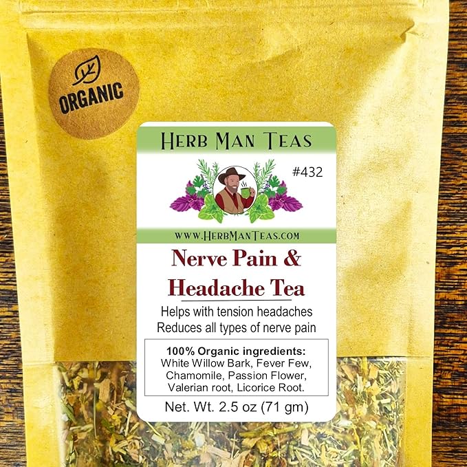 HEADACHE TEA – Nerve &amp Headache Pressure Support – Organic Loose Leaf – by Master Herbalist Khabir | White Willow Bark Feverfew &amp Chamomile | 100% Organic