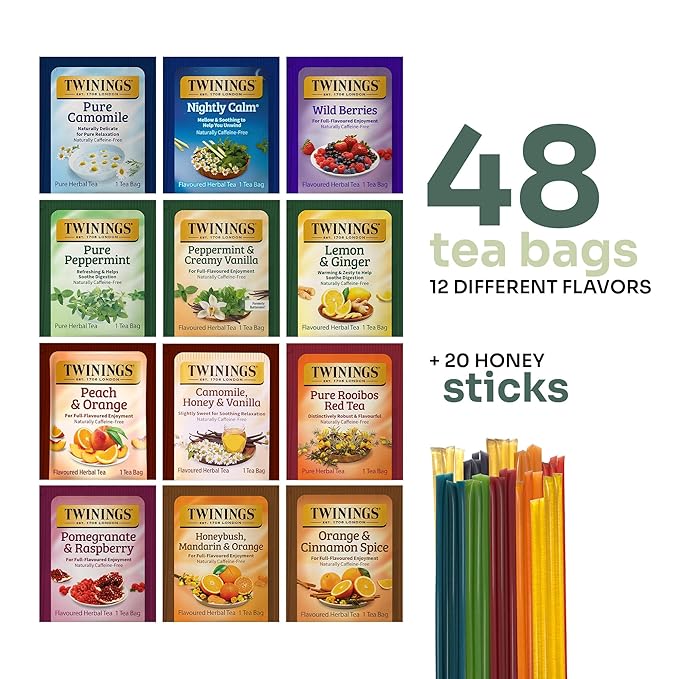 Twinings 48 Tea Bags Herbal Variety Pack – 12 Herbal Flavors with 20 Honey Sticks Perfect Tea Gift Set for Any Occasion
