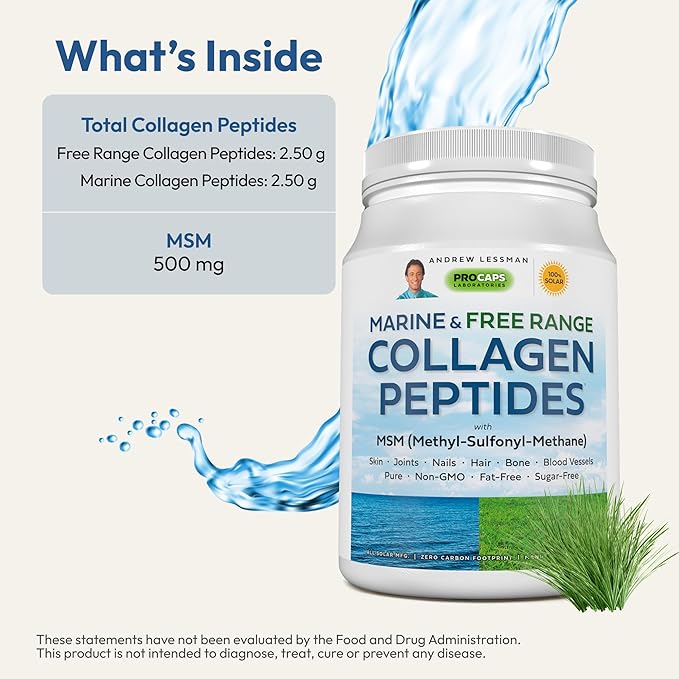 ANDREW LESSMAN Marine Free Range Collagen Peptides Powder and MSM 30 Servings - Supports Radiant Smooth Soft Skin Comfortable Joints. Super Soluble No Fishy Flavor No Additives Non-GMO