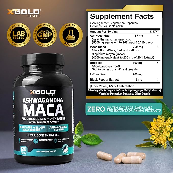 Ashwagandha 5000mg + Maca Root Black Red Yellow 4000mg Rhodiola &amp L-Theanine: 30:1 Extract Ashwagandha Capsules 20:1 Extract Maca Root Capsules - Supplement for Men and Women