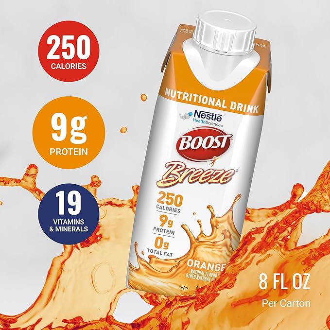 BOOST Breeze Clear Nutritional Drink - 250 Calories - 19 Vitamins &amp Minerals - 9 g Protein – Fortified Clear with Vitamin A &amp Zinc - Orange Flavor - 8 fl oz (Pack of 24)