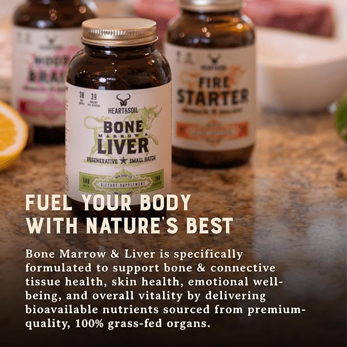 Heart &amp Soil – 100% Grass Fed &amp Finished Bone Marrow &amp Beef Liver from Regenerative Cattle – Supports Bones joints Tissue &amp Skin – 3000mg Libido Booster For Women &amp Men – Glass B
