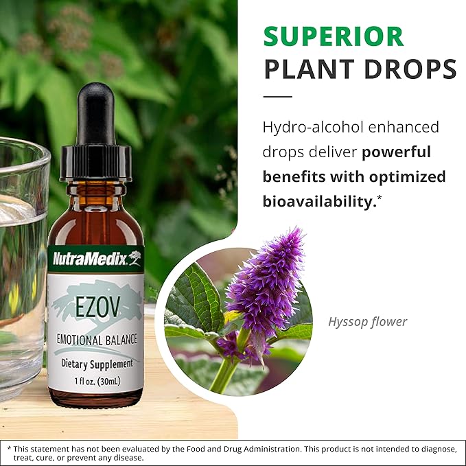NutraMedix Ezov Hyssop Plant Drops - Liquid Supplement for Stress Management Relaxation Antioxidant Support &amp Gut Health - Liquid Herb Extract for Mood &amp Emotional Support (1oz / 30ml)