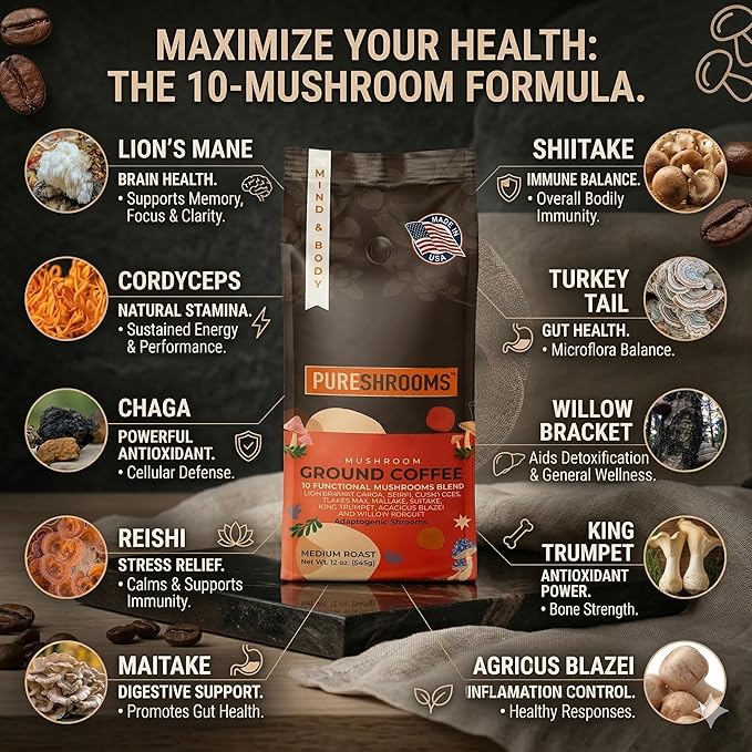 Mushroom Ground Coffee w/ 10 Organic Mushroom Extracts - King Trumpet Agaricus Blazei Willow Bracket Lion's Mane Chaga Reishi Cordyceps Turkey Tail Maitake Shiitake 340g (Perfect 10)
