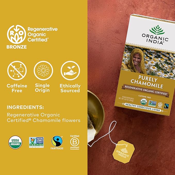 Organic India Purely Chamomile Tea - Regenerative Organic Pure Chamomile Flowers Caffeine Free Calming &amp Relaxing Herbal Tea Natural Support for Sleep &amp Relaxation - 18 Tea Bags Pack of 6