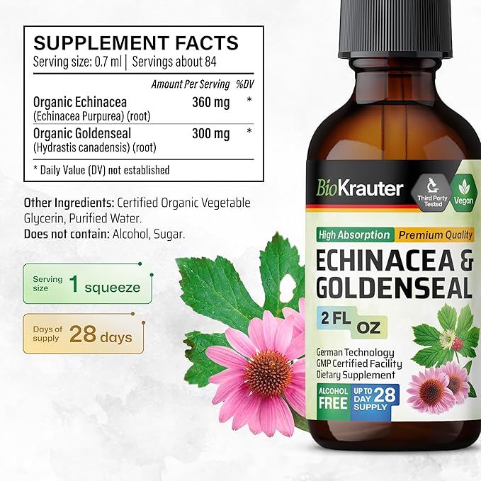 BIO KRAUTER® Echinacea Goldenseal for Immune &amp Respiratory Support - Pure Vegan Echinacea Drops with Goldenseal - Natural Respiratory Supplements 2 Fl.Oz 28-Day Supply - Alcohol &amp Sugar Free