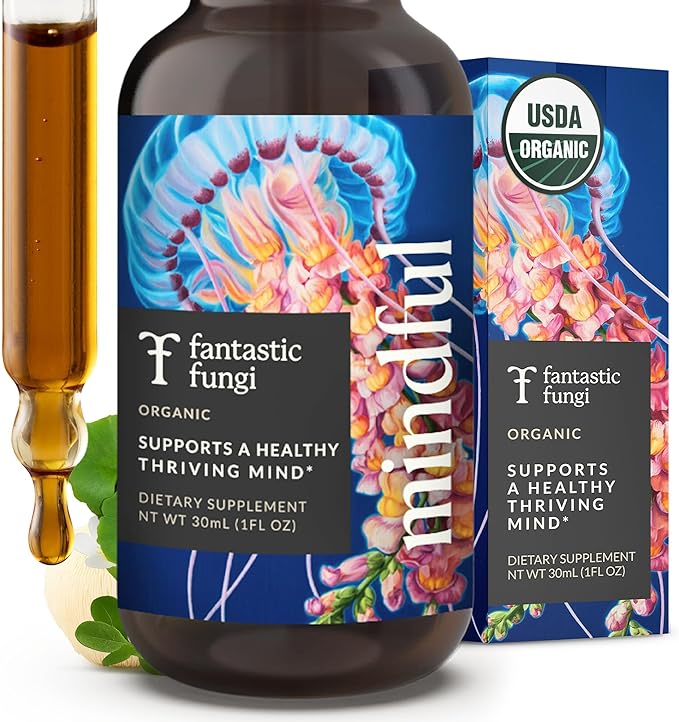 Fantastic Fungi Organic Mushroom Tincture - Mindful Elixir with Lions Mane Mushroom Extract Bacopa &amp Ginkgo Leaf - Drops for Focus Clarity &amp Memory Support - Formulated in USA 30 Servings