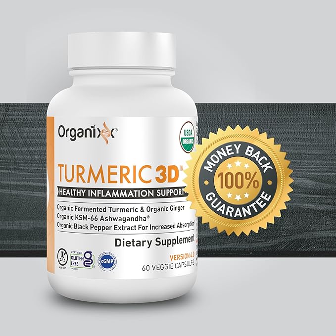 Organixx USDA Organic Turmeric Curcumin Supplement with Ashwagandha Vitamin D Turmeric &amp Ginger – Fermented for Maximum Bioavailability 60 Count + 30 Count
