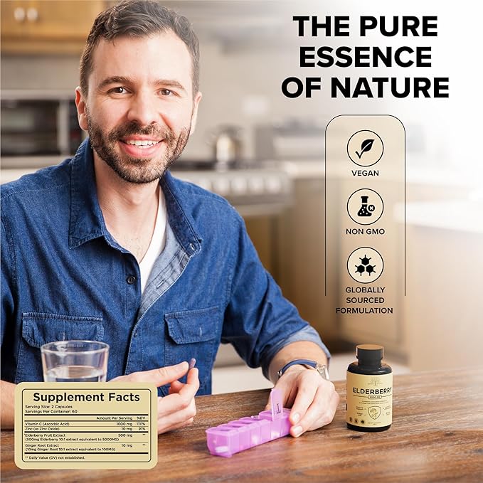 Elderberry with Vitamin C Zinc &amp Ginger – Potent Immune Booster 5000 Mg Elderberry Zinc &amp Vitamin C – Non-GMO Immunity Vitamins for Adults to Help You Feel Vibrant 120 Caps