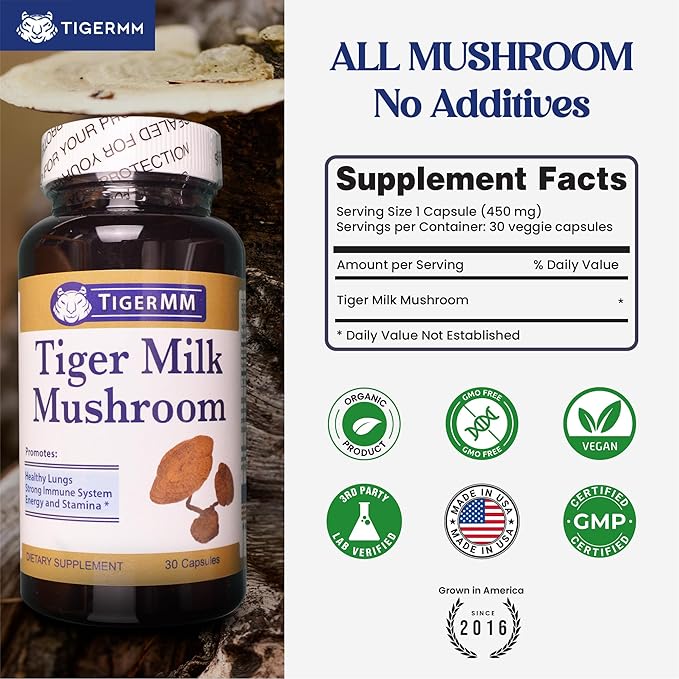 Tiger Milk Mushroom (Lignosus Rhino.) USA Grown Lung Respiratory Immune Support 450mg/cap