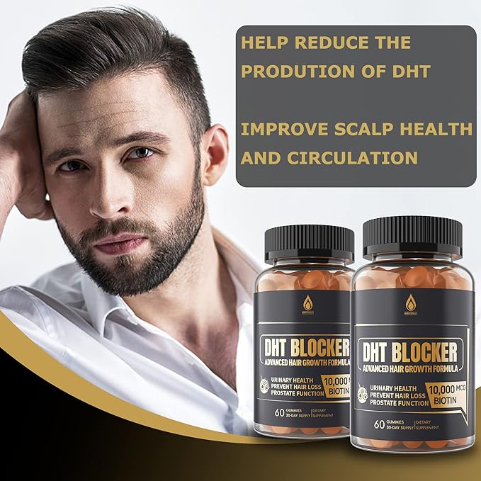 DHT Blocker Gummies Hair Growth Supplement Super Potency Saw Palmetto &amp Biotin 10000 mcg for Women &amp Men Plus 12 Proprietary Blend - Prevent Hair Loss Blocking DHT Receptors 2Pc/120ct