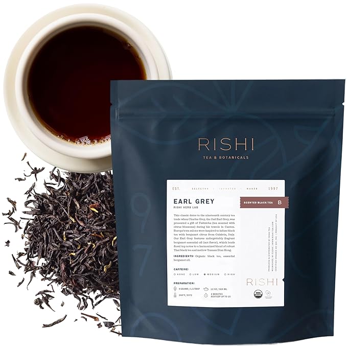Rishi Tea Earl Grey Tea - Organic Loose Leaf Pure Black Tea with Bergamot Oil Energizing &amp Caffeinated - 16 Ounces 50+ Servings