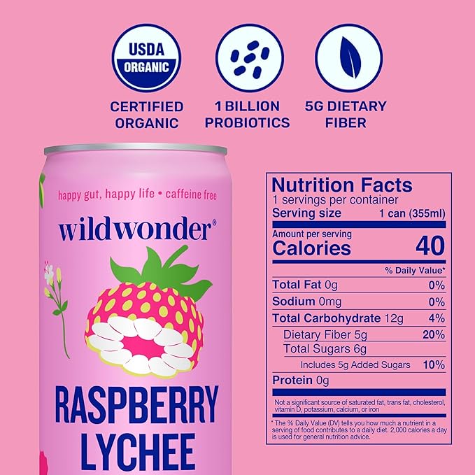 NEW! wildwonder Sparkling Probiotic Drink 12pk For Gut Health &amp Immune Support Raspberry Lychee 5g Prebiotic Fiber Live Probiotics Organic Vegan Low Sugar 12 Pack 12oz Can Seen on Shark