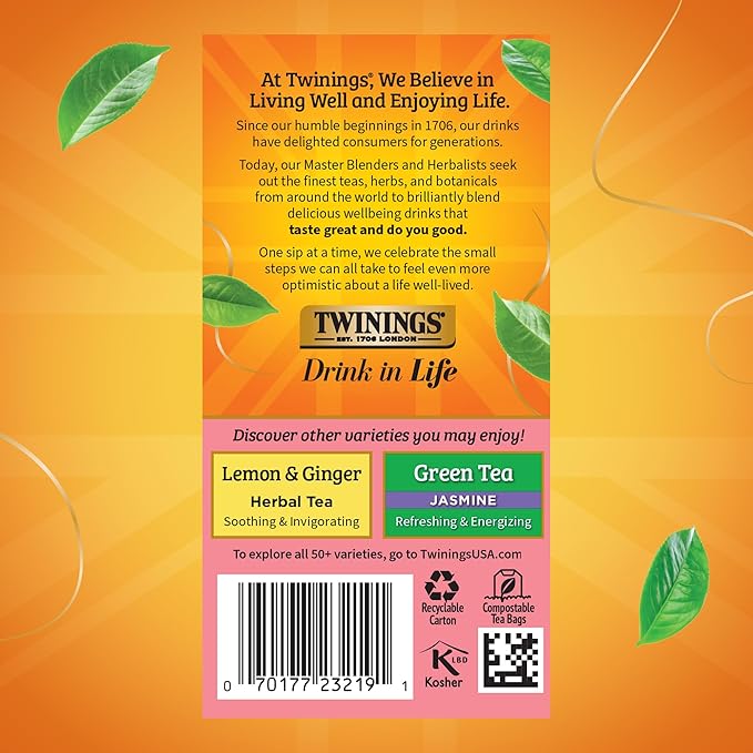 Twinings Raspberry &amp Lemon Herbal Tea Individually Wrapped Bags 20 Count (Pack of 6) Fruity &amp Zesty Naturally Caffeine-Free Enjoy Hot or Iced 120 Teabags