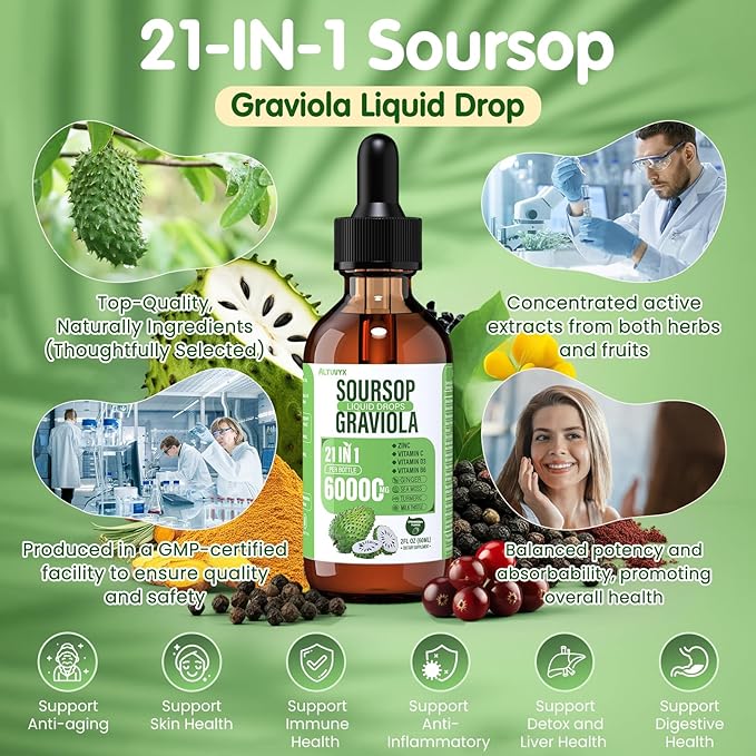 21-in-1 Soursop Graviola Liquid Drop Soursop Bitters Liquid 2000mg Organic Soursop Leaves &amp Fruit with 300mg Sea Moss Zinc Vitamins for Cellular Immune Skin Digestive Strawberry Flavor 60M