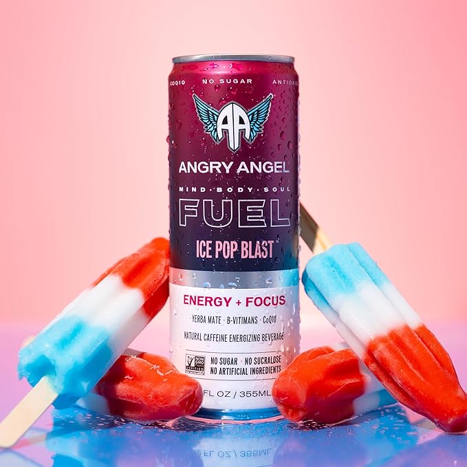 Angry Angel Ice Pop Blast Natural Energy + Focus Drink (12 count) - Zero Sugar - Natural Caffeine from Yerba Mate - CoQ10 - B Vitamins - 12 oz Cans
