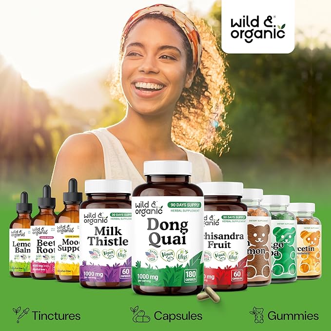 Wild &amp Organic Dong Quai Capsules 1000 mg - Menopause Supplements for Women - Dong Quai Root Supplement - Angelica Root Herb - 90-Day Supply - Non-GMO Vegan Gluten-Free - 180 Count