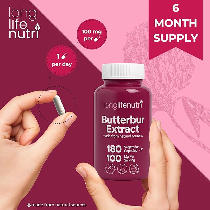 LongLifeNutri Butterbur Extract 100mg - Petasites Hybridus Root Extract 180 Vegetarian Capsules 6 Month Supply Organic Supplement for Head Comfort &amp Neural Calm GMP Certified Made in USA
