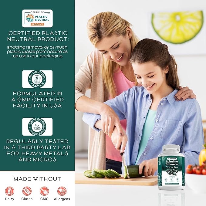 Teaveli Organic Spirulina and Chlorella Capsules – 180 Chlorophyll Pills Blue Green Algae Powder Capsules to Support Detox Mitochondria &amp Energy– 3X More Chlorella Spirulina Powder/Serving