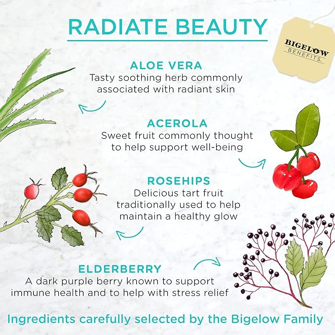 Bigelow Benefits Radiate Beauty Blueberry and Aloe Herbal Tea Caffeine Free 18 Count (Pack of 6) 108 Total Tea Bags