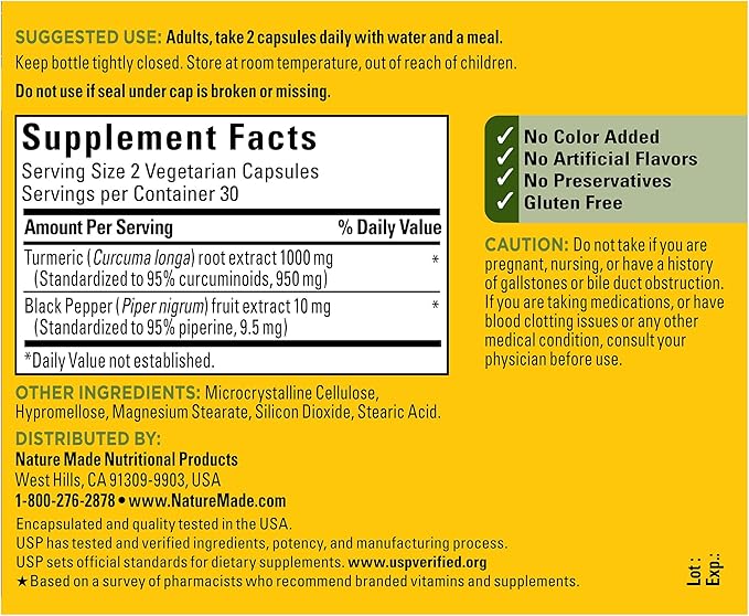 Nature Made Extra Strength Turmeric Curcumin with Black Pepper1000mg Turmeric Extract per Serving (Standardized to 95% Curcuminoids)Supports Healthy Inflammation Response60 Capsules(Pack of 2)