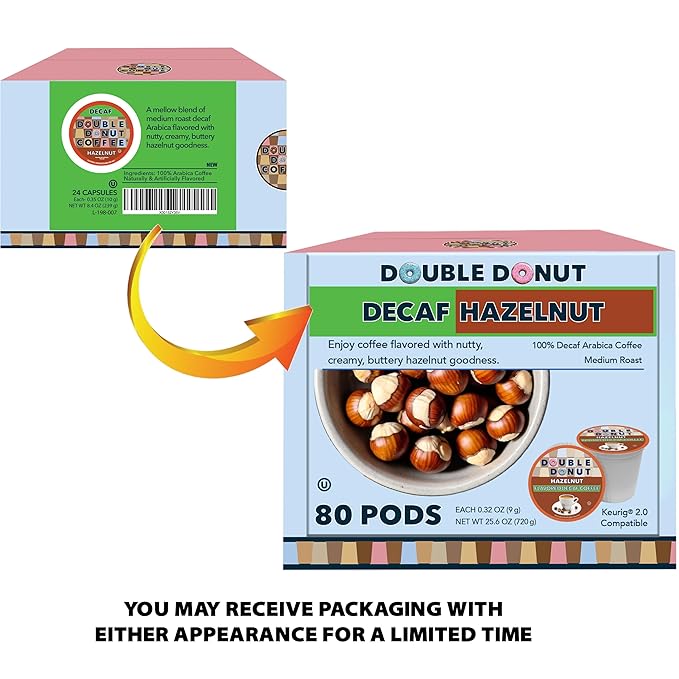Double Donut Coffee Flavored Decaf Coffee Decaf Hazelnut Coffee Decaf Coffee Pods for Keurig K Cups Machines Medium Roast 80 Count (Pack of 1)