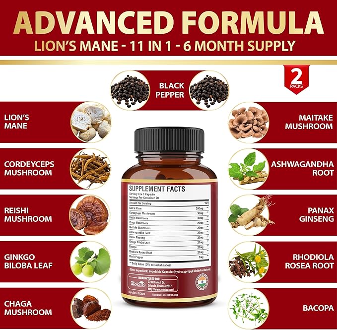 Zolotus 2 Packs 90 Capsules Lions Mane Mushroom Supplement 6 Month Supply with Cordeyceps Reishi Ashwagandha Focus Memory and Brain Support Supplement Immune Support Energy Pills
