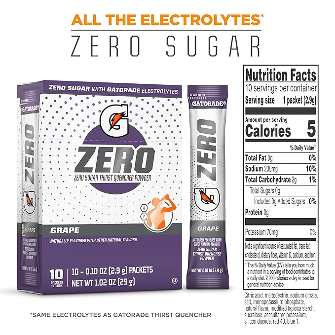 Gatorade G Zero Sports Drink Mix Powder Packets Grape Electrolyte Powder Drink Mix for Hydration Zero Sugar Total 120 Packets