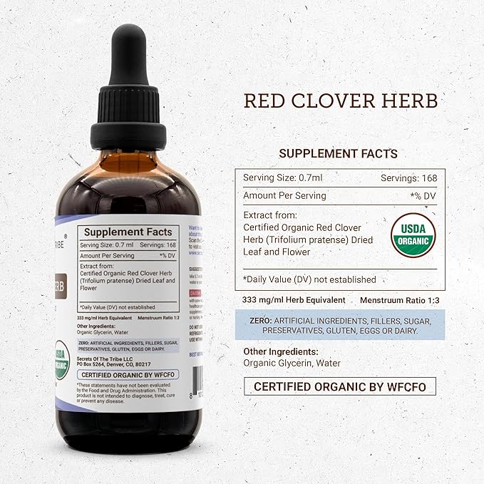 Red Clover Herb USDA Organic Tincture | Alcohol-FREE Extract High-Potency Herbal Drops| Made from 100% Certified Organic Red Clover Herb (Trifolium Pratense) Dried Leaf and Flower 4 oz