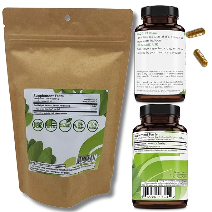 Pata de Vaca Té (Cow's Foot Tea) – 24 Bags – 100% Natural Infusion – Vegan Non-GMO Gluten-Free + Pata de Vaca Capsules – 1500 mg Per Serving 90 Veggie Caps – Organically Grown – 100% Natural Premi
