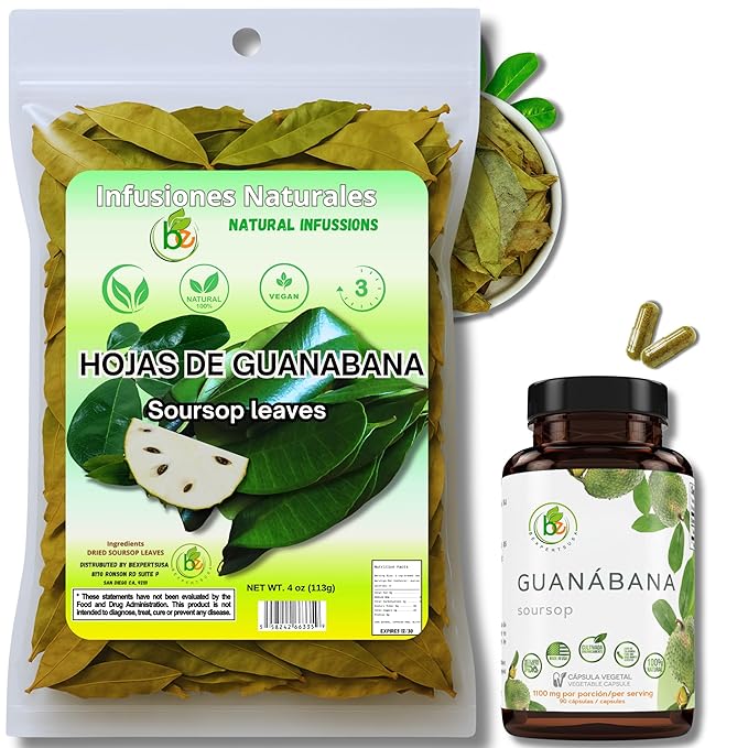 Guanábana Hoja Seca Té (Soursop) Combo – Dried Leaves Tea (4 oz Bag) + Capsules (90 Capsules 1100 mg per Serving Organically Grown) – 100% Natural Vegan Powerful Antioxidants–by Bexpertsusa