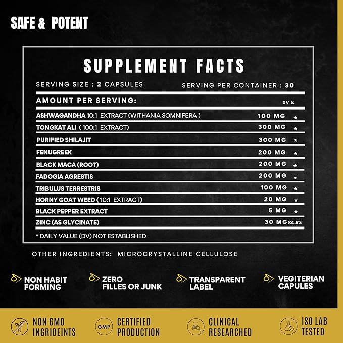 Men's Testosterone Support–10-in-1 Horny Goat Weed with Tongkat Ali Ashwagandha Shilajit Maca Fadogia Agrestis Tribulus &amp More – Energy Vitality &amp Libido Support – 60 Vegan Capsules