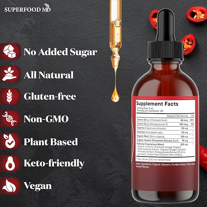 Cayenne Pepper Supplement Liquid Drops + Hawthorn Berry Vitamin D3 K2 Beet Root Powder Ceylon Cinnamon Turmeric Curcumin Organic Panax Ginseng - 8 OZ
