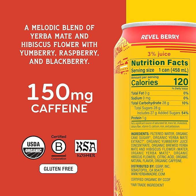 Yerba Madre Organic Yerba Mate Revel Berry 150mg Natural Caffeine Energy Drink Alternative No Jitters or Crash 15.5 Oz Cans (Pack of 12)