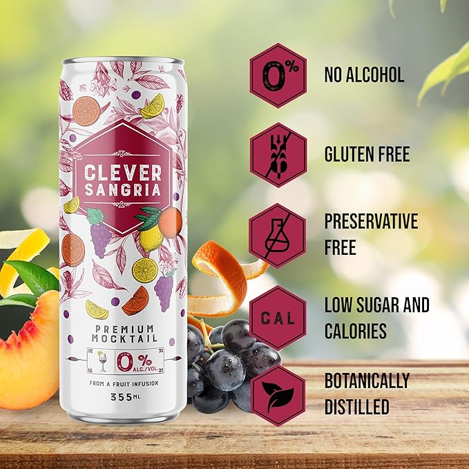 CLEVER - Sangria Nonalcoholic Mocktails for Any Occasion Refreshing Beverages with Citrus &amp Botanical Extracts Low-Calorie Mocktails Non-alcoholic Drinks with 70 Calories Pack of 12 (12 oz Ea)