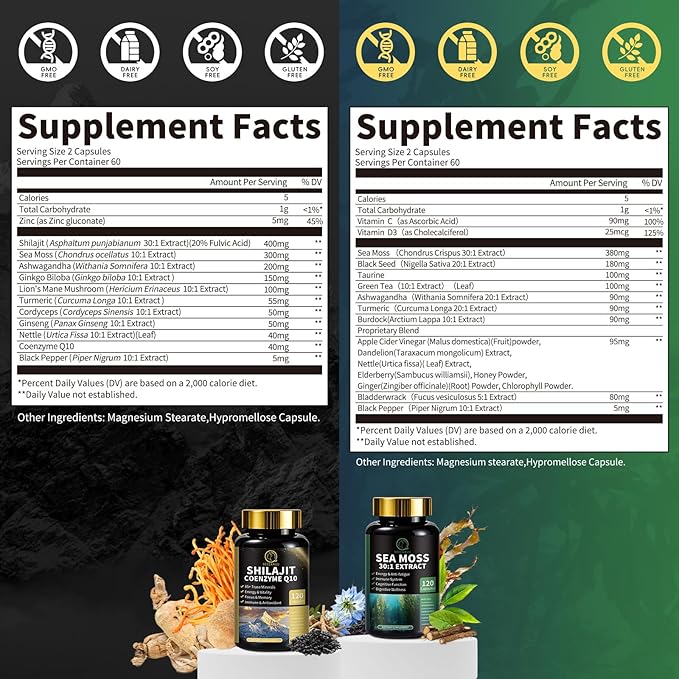 Shilajit for Men Sea Moss and Shilajit Bundle All in 1 Supplements with Coenzyme Q10 Black Seed Ashwagandha Taurine Burdock for Energy Endurance Antioxidant &amp Immune Support 240 Capsules