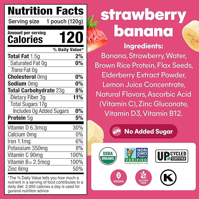 Noka Organic Superfood Fruit Smoothie Pouches Strawberry Banana with Immune Support Healthy Snacks with Elderberry Vitamin C Flax Seed and Plant Protein Gluten Free Vegan 4.22 oz (6 Pack)
