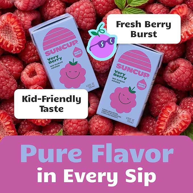 SunCup 100% Juice Boxes for Kids | No Added Sugar No Dyes No Preservatives | Trusted in Schools Across 49 States | Bulk Pack with Straw | 4.23 oz (40 Pack) Very Berry