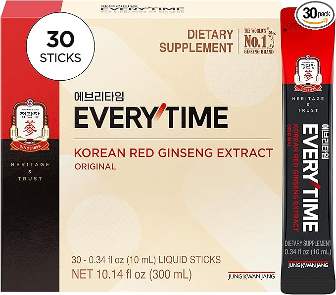 JUNG KWAN JANG Everytime Korean Red Ginseng Extract Stick 3000mg Original - Adaptogen Energy Drink Liquid Stick Supplements - Energy Boost &amp Immune Support Caffeine Free (30 Sticks)